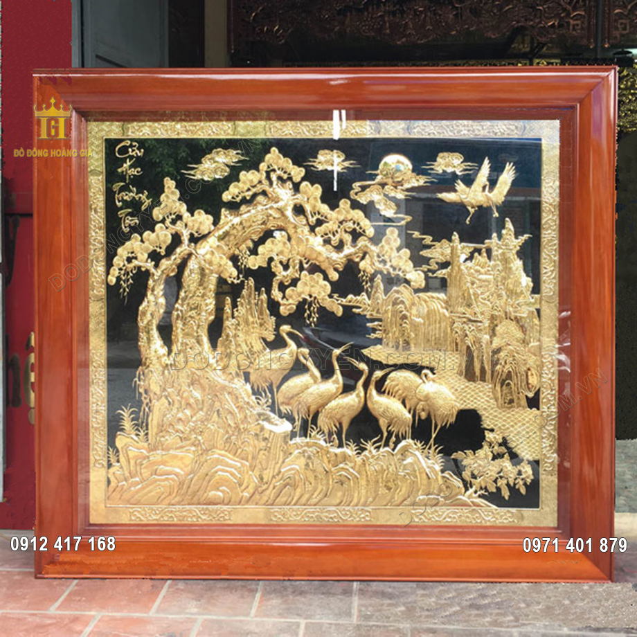 Tranh đồng cửu hạc trường tồn mạ v&agrave;ng 24K 1m55